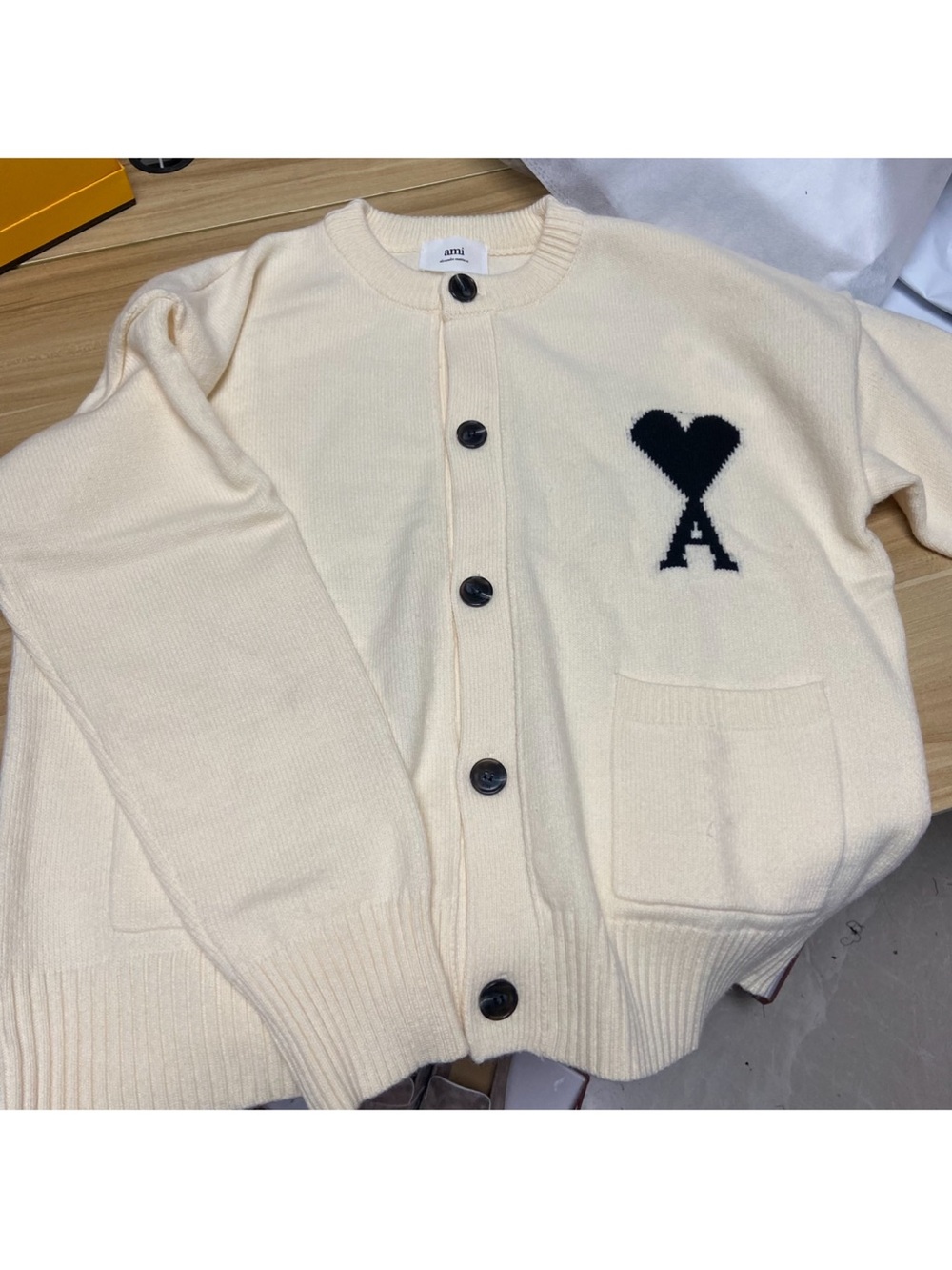 Ami Cream Cardigan with Black Heart 'A' Patch